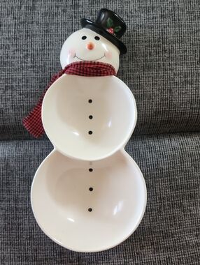 Hallmark Ceramic Snowman Divided Candy Dish, Vintage 1990